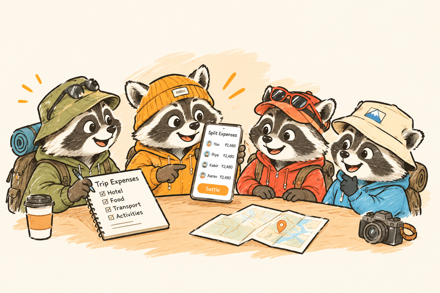 Four raccoon friends splitting trip expenses