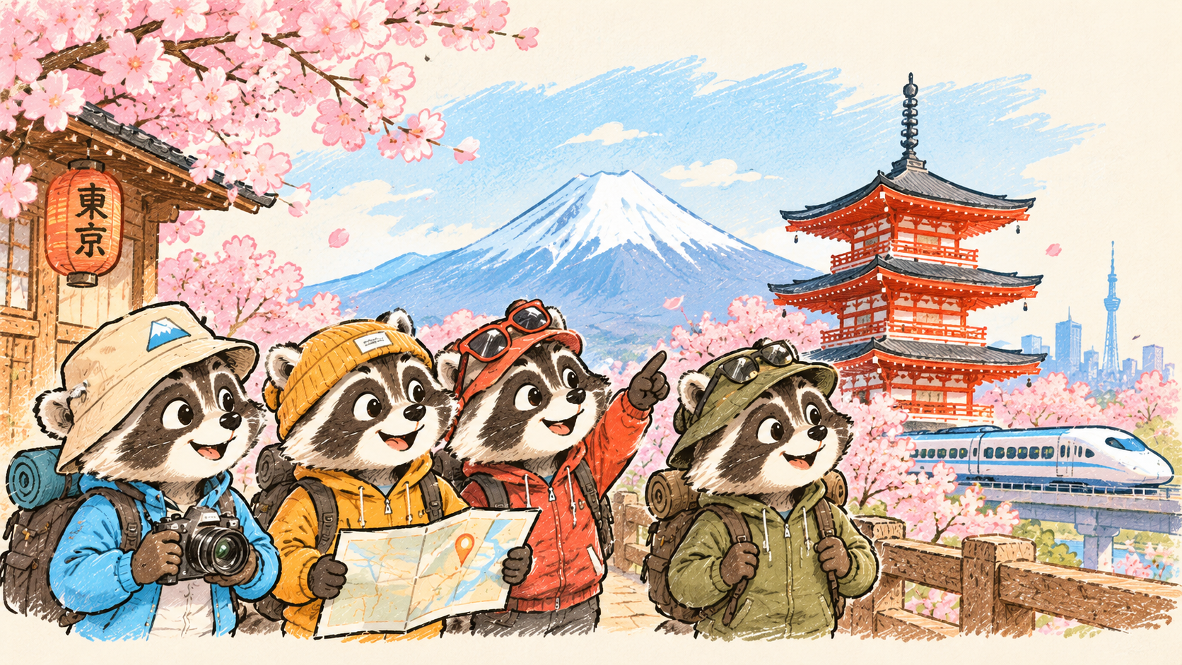 Four raccoon friends planning a group trip together