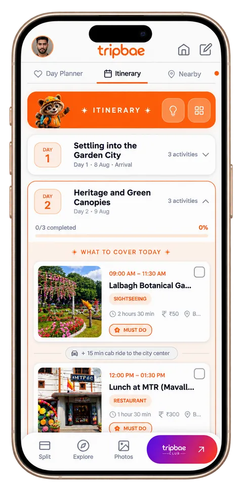 Tripbae's itinerary view showing Day 1 and Day 2 with timed activities and travel time between them