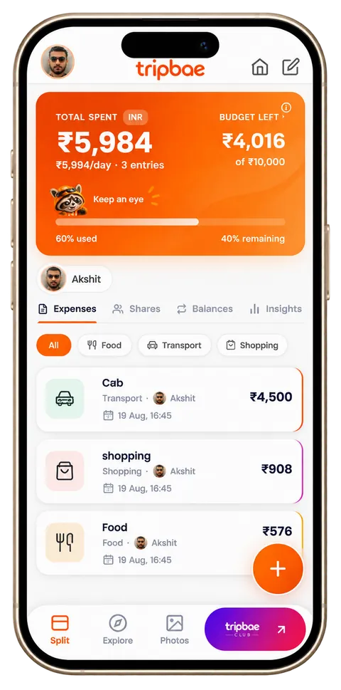 Tripbae's Split tab showing total spent, budget left and a list of expenses tagged by category