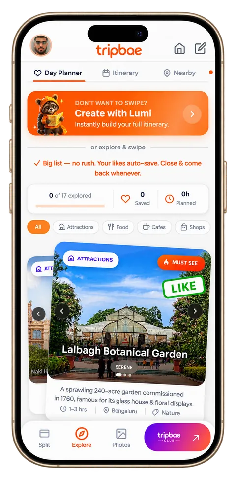 Tripbae's Day Planner with a swipeable experience card for Lalbagh Botanical Garden marked Like